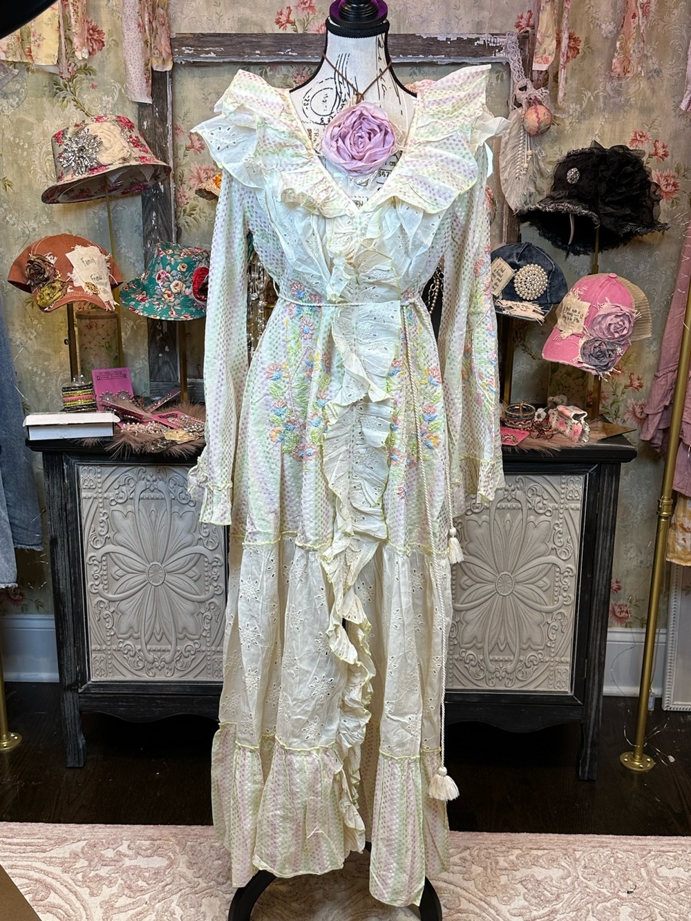Romantic Ruffled Eyelet Maxi Dress in Cream with Pastel Floral Detail
